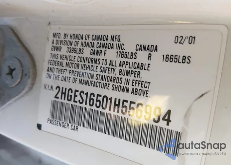 2001 Honda Civic Lx из США, поврежденный, VIN 2HGES16501H556994